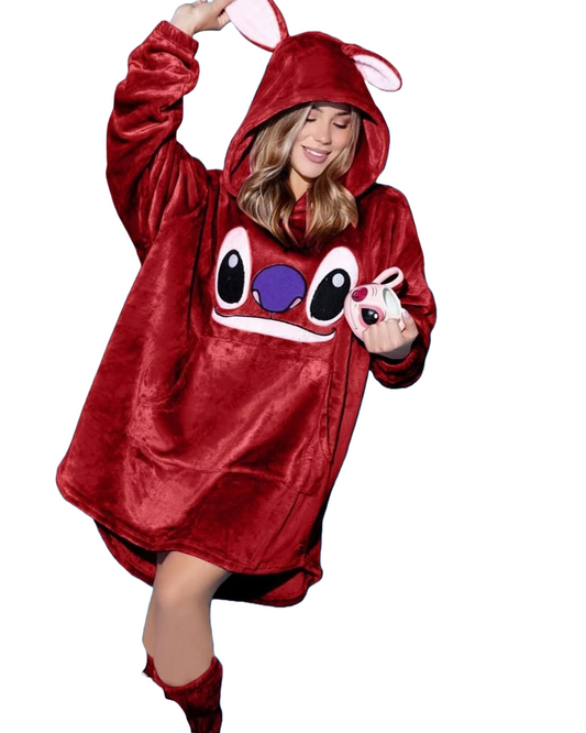 Stitch Burgundy Hoodie Blanket with Matching Socks