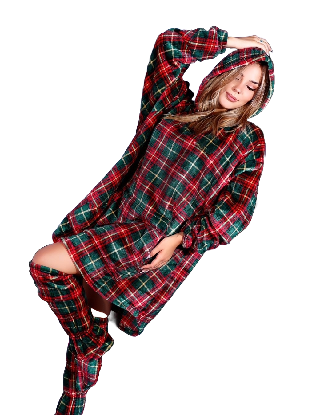 Christmas Hoodie Blanket (Red Checks) with Matching Socks