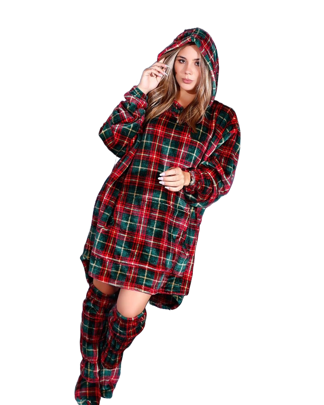 Christmas Hoodie Blanket (Red Checks) with Matching Socks