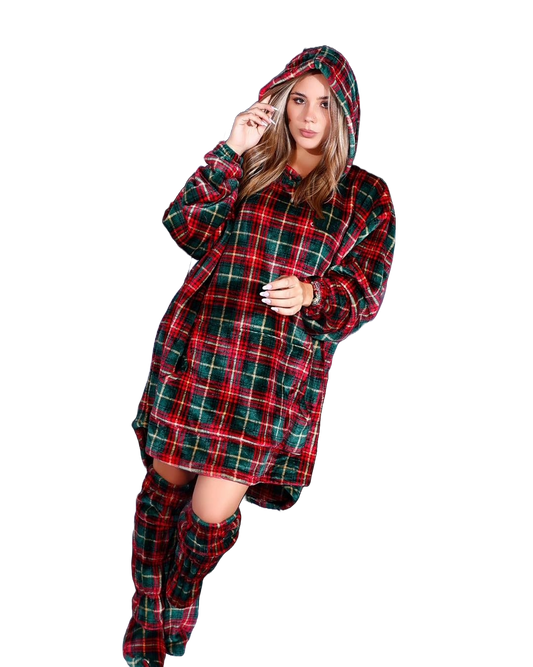 Christmas Hoodie Blanket (Red Checks) with Matching Socks