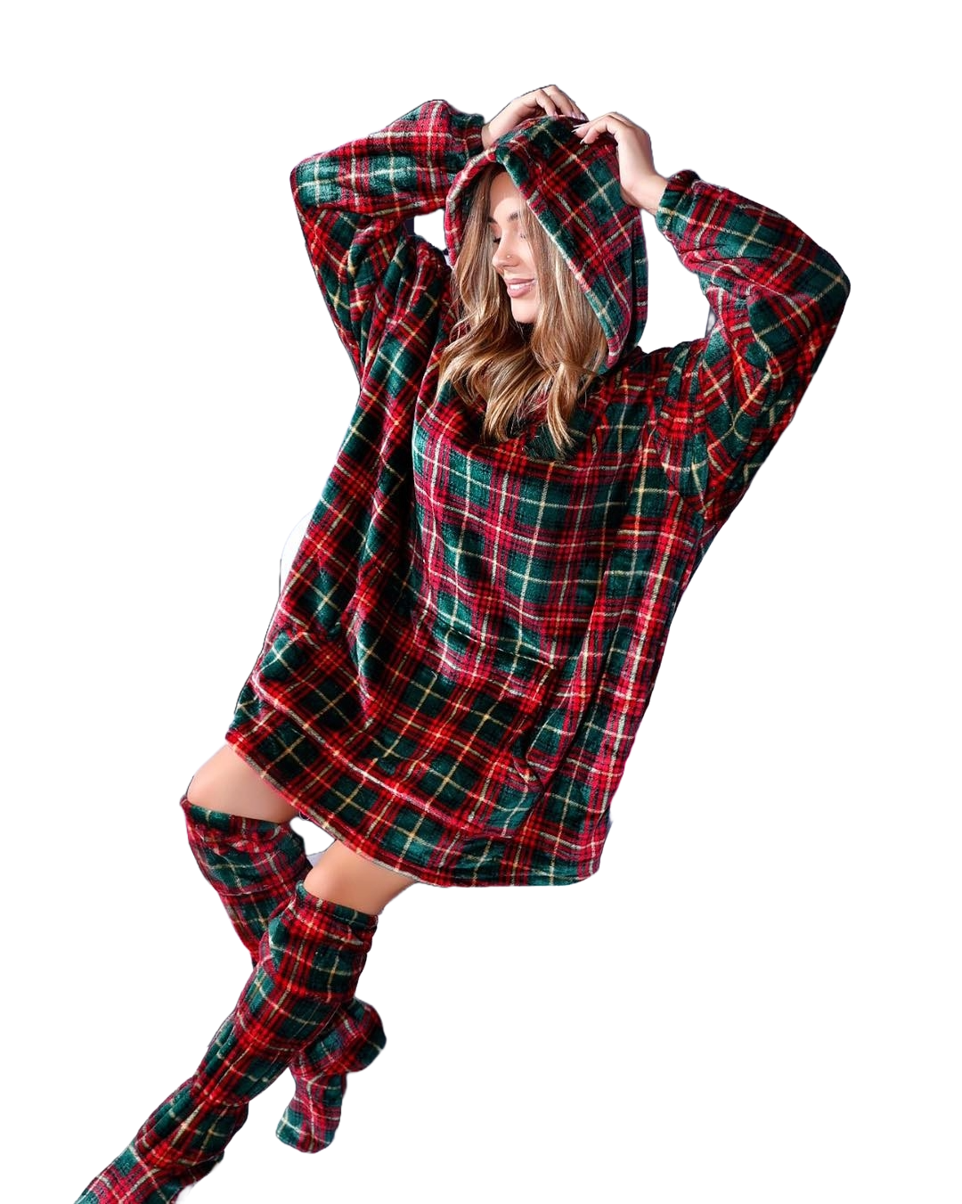 Christmas Hoodie Blanket (Red Checks) with Matching Socks